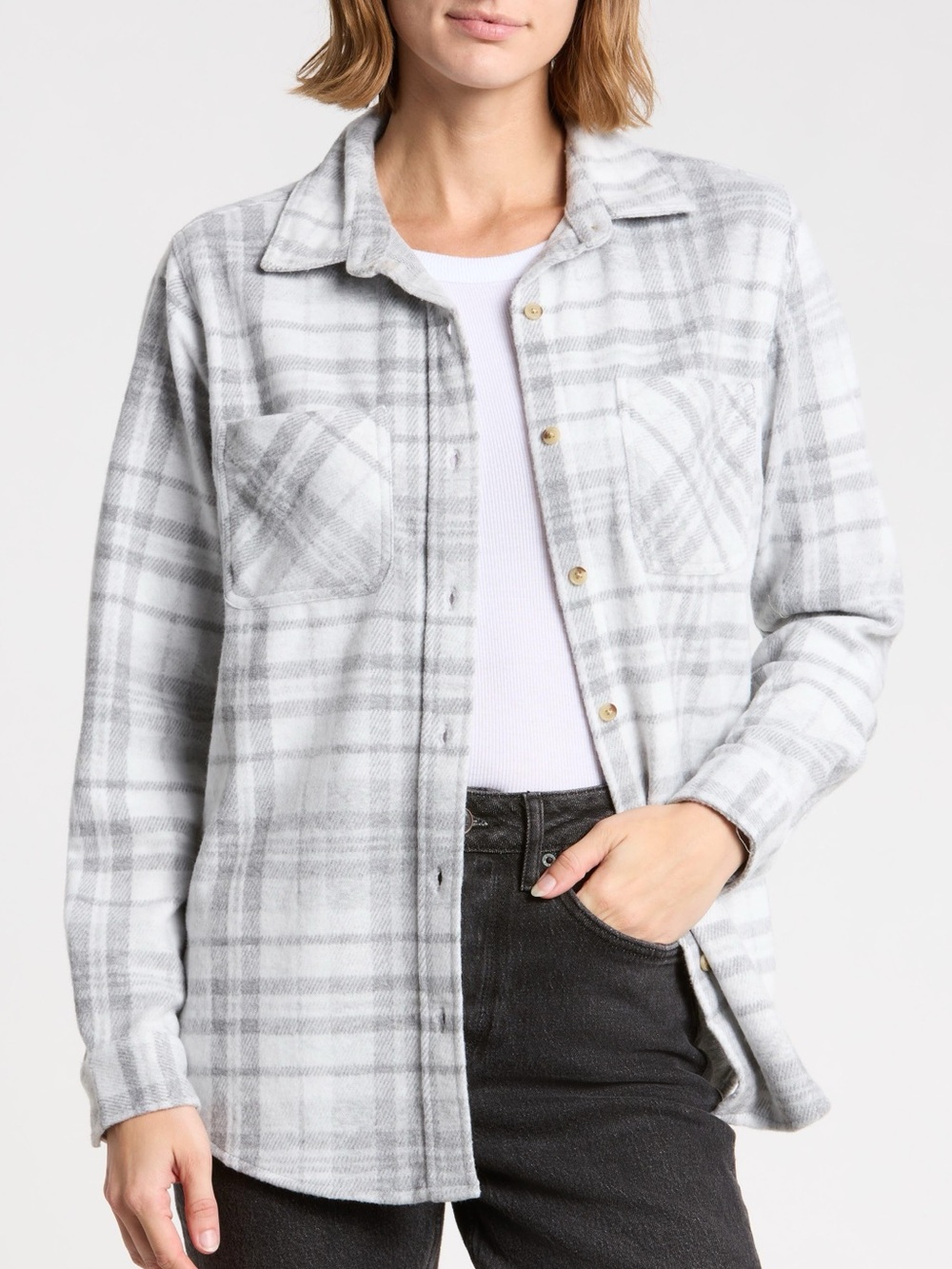 NWT beachlunchlounge Anthropologie Button Down Long Sleeve Grey Plaid